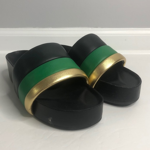 Sandro Black Green/Gold Striped Platform Slide on Sandals Size 37 - Picture 1 of 10